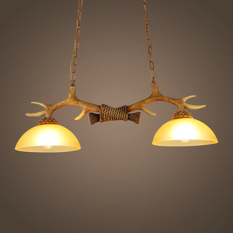 Milk Glass Bowl Pendant Light with Faux Antler for Dining Room - Rural Island Style (2 Bulbs)