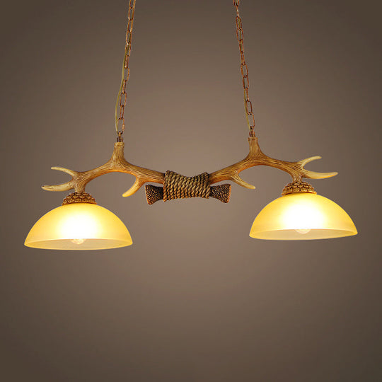 Milk Glass Bowl Pendant Light with Faux Antler for Dining Room - Rural Island Style (2 Bulbs)