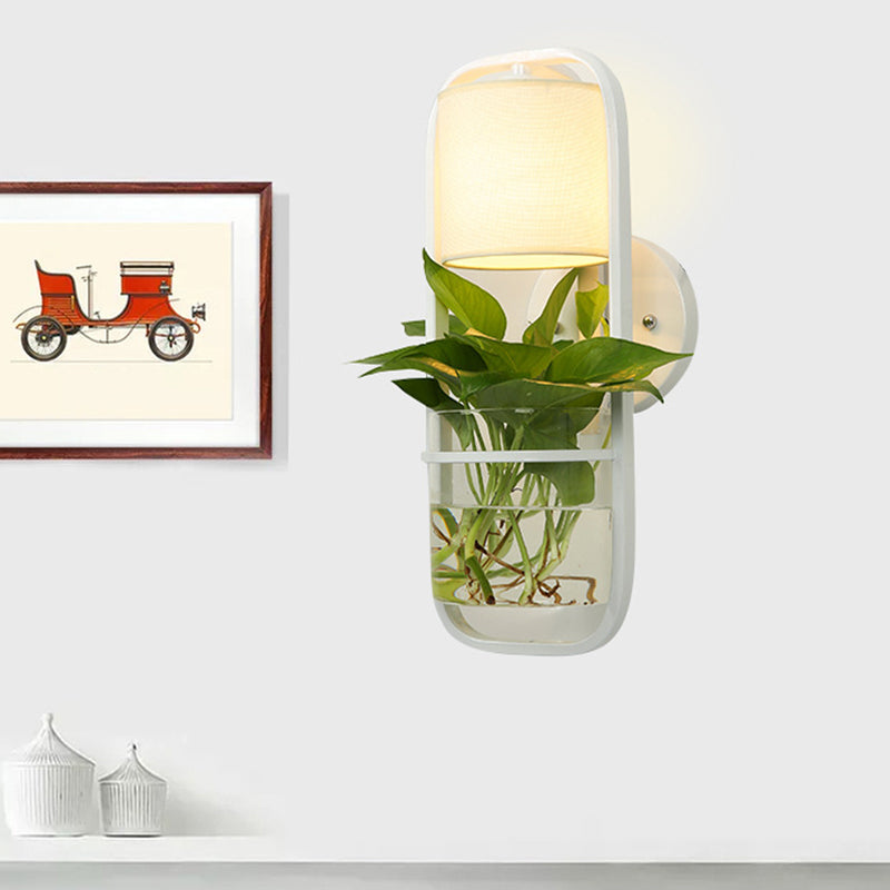 Lodge Black/White/Gold Wall Lamp: 1 Bulb Cylindrical Sconce Light With Warm/White Lighting And Plant