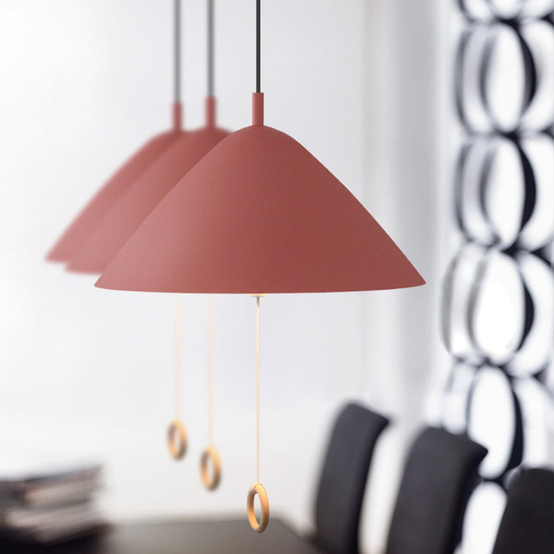 Yellow Conical Pendant Macaron Metal Lamp With Pull-Chain Suspension For Dining Room Ceiling