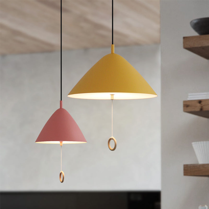 Yellow Conical Pendant Macaron Metal Lamp With Pull-Chain Suspension For Dining Room Ceiling