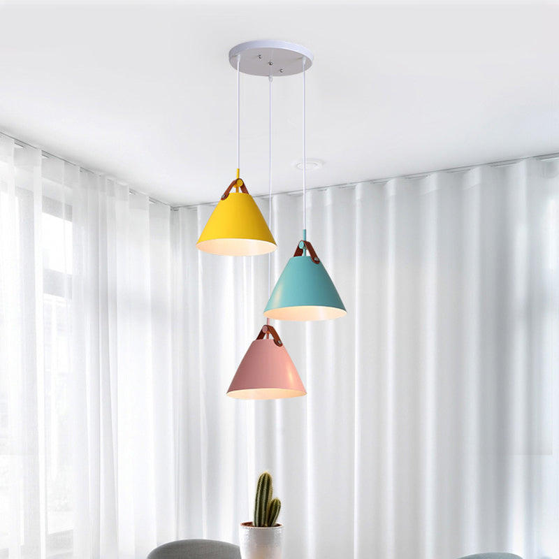 Frustum Shaped Metal Hanging Light Macaron Pendant Lamp - Blue-Pink-Yellow/Black-Grey-White 3 Bulbs