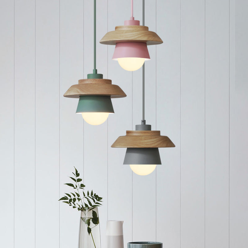 Macaron Single Pink/Grey/Green Wood Pendant Lamp Kit - 2-Shade Iron Hanging Fixture Grey