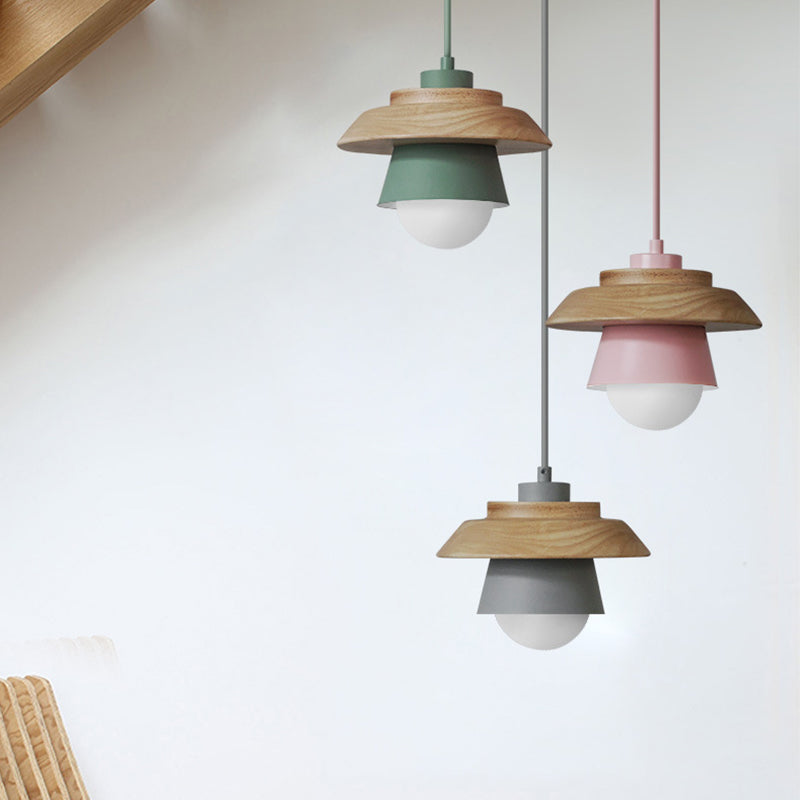 Macaron Single Pink/Grey/Green Wood Pendant Lamp Kit - 2-Shade Iron Hanging Fixture