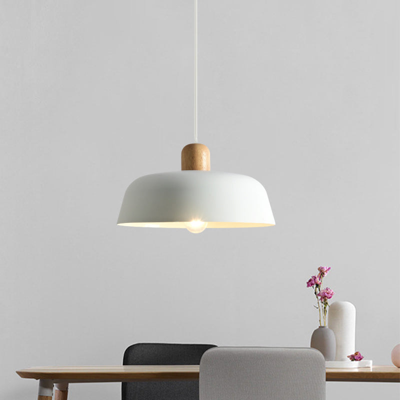 Nordic Metal Pendant Lamp With Wood Top And 1 Light - Flat-Bowl Shape In Black White