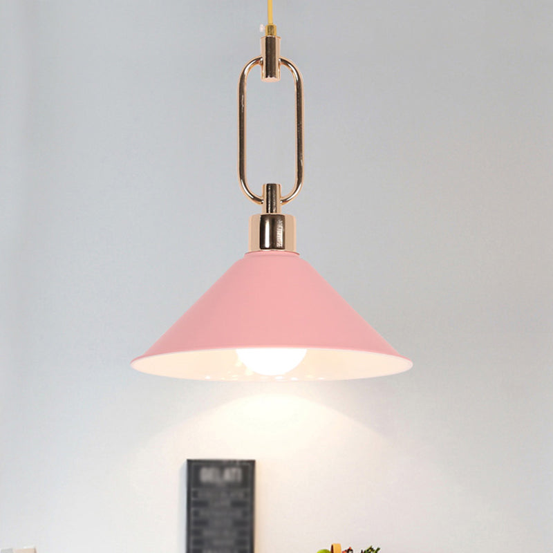Macaron Cone Pendant Lamp Elegant Metal Ceiling Light With Rolled Edge Single Bulb And Buckle Top In