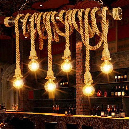 Rustic Jute Rope Island Pendant Light For Wine Bar - 4/6 Lights Farmhouse Style Linear Design 6 /