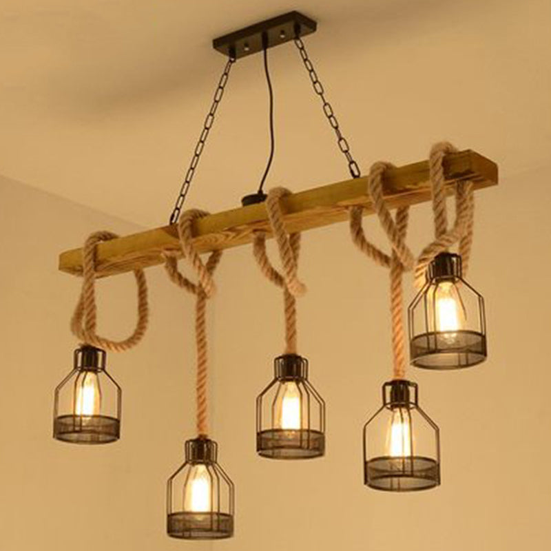 Rustic Wood Pendant Lamp: Linear Restaurant Hanging Island Light With Brown Roped Cage (3/5-Light) 5