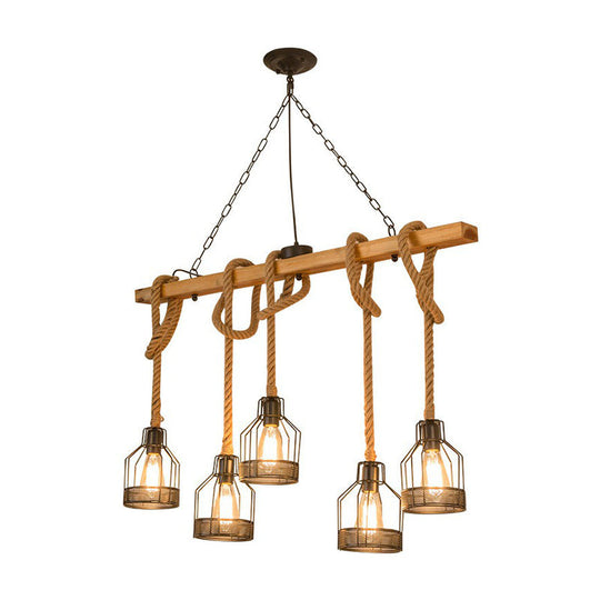 Rustic Wood Pendant Lamp: Linear Restaurant Hanging Island Light With Brown Roped Cage (3/5-Light)