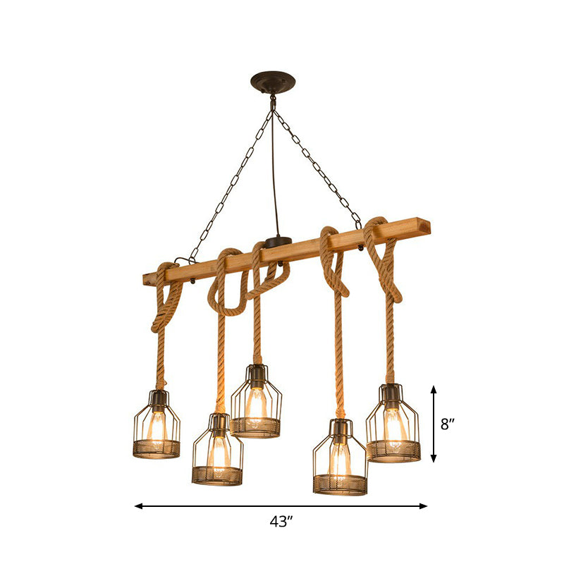 Rustic Wood Pendant Lamp: Linear Restaurant Hanging Island Light With Brown Roped Cage (3/5-Light)