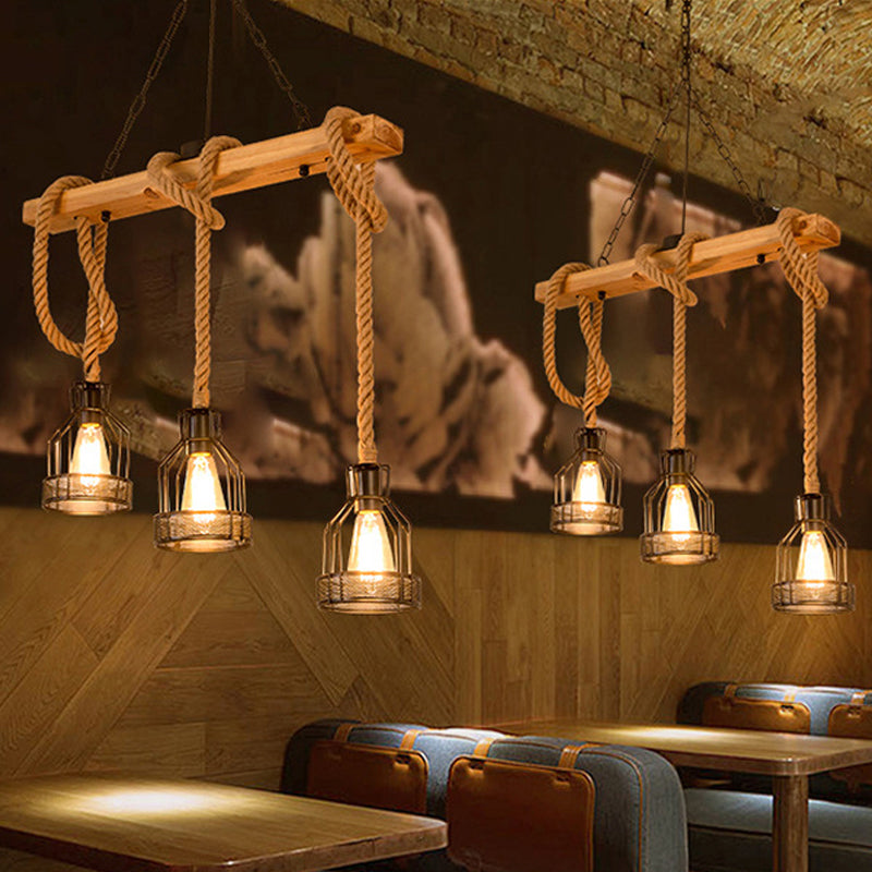 Rustic Wood Pendant Lamp: Linear Restaurant Hanging Island Light With Brown Roped Cage (3/5-Light) 3
