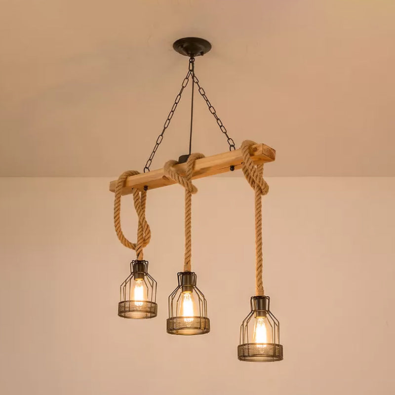 Rustic Wood Pendant Lamp: Linear Restaurant Hanging Island Light With Brown Roped Cage (3/5-Light)