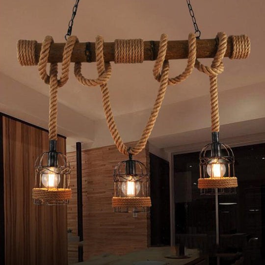 Farmhouse Brown Iron Bird Cage Pendant With Rope And Wood Pole - Set Of 3 Bulbs