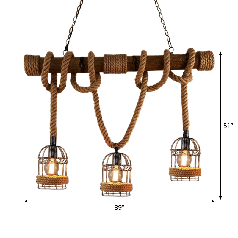 Farmhouse Brown Iron Bird Cage Pendant With Rope And Wood Pole - Set Of 3 Bulbs
