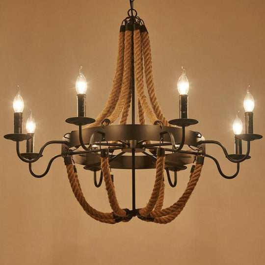 Farmhouse Rope Basket Chandelier - Brown 6/8 Bulbs Living Room Ceiling Pendant 8 /