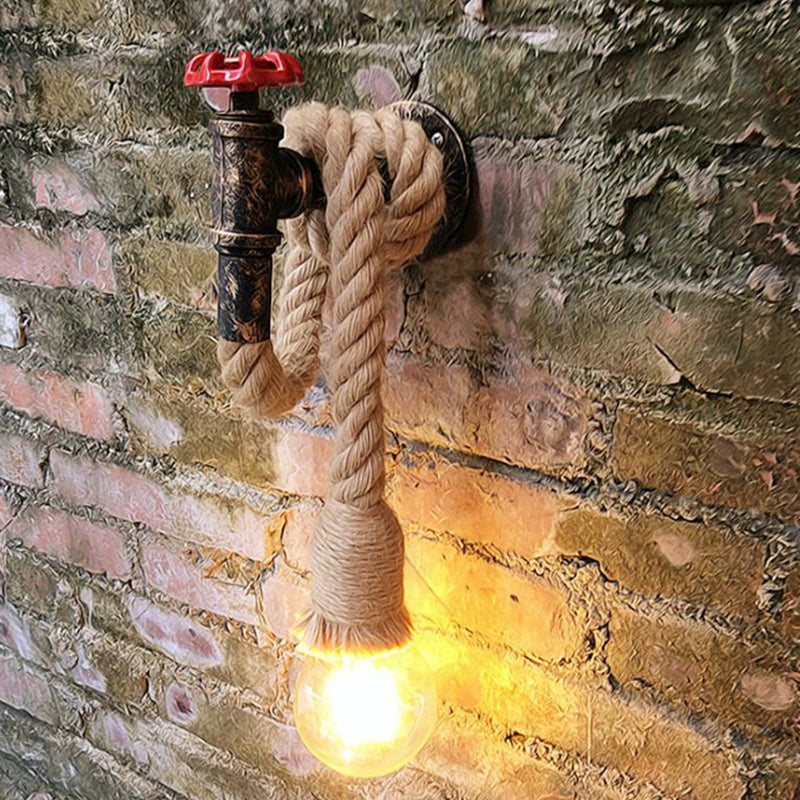 1-Light Industrial Faucet Wall Light Fixture With Hemp Rope For Wine Bar Brown