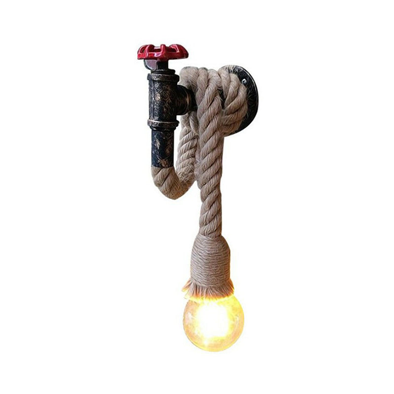 1-Light Industrial Faucet Wall Light Fixture With Hemp Rope For Wine Bar