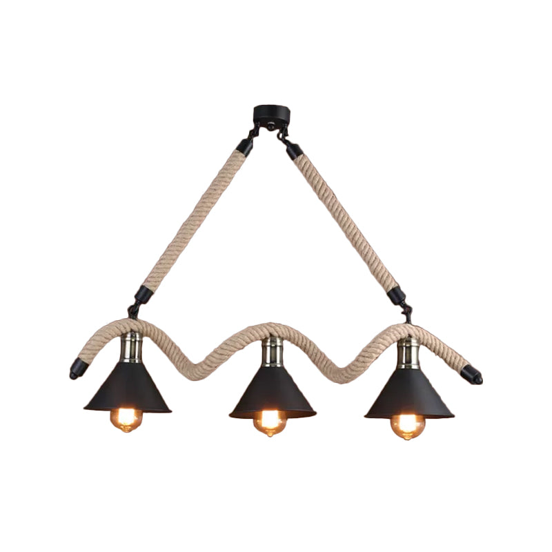 Industrial Hemp Pendant Lamp - Black/Brown Wavy Design 3 Heads