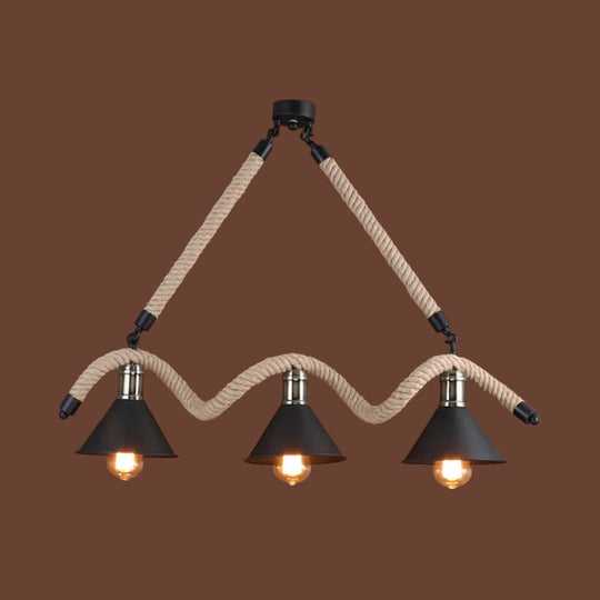 Industrial Hemp Pendant Lamp - Black/Brown Wavy Design 3 Heads