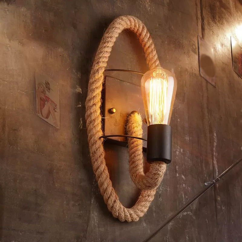 Farmhouse Brown Wall Lamp With Rope Wrap - Oval/Round Dining Room Light / Oval