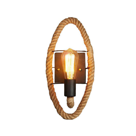 Farmhouse Brown Wall Lamp With Rope Wrap - Oval/Round Dining Room Light
