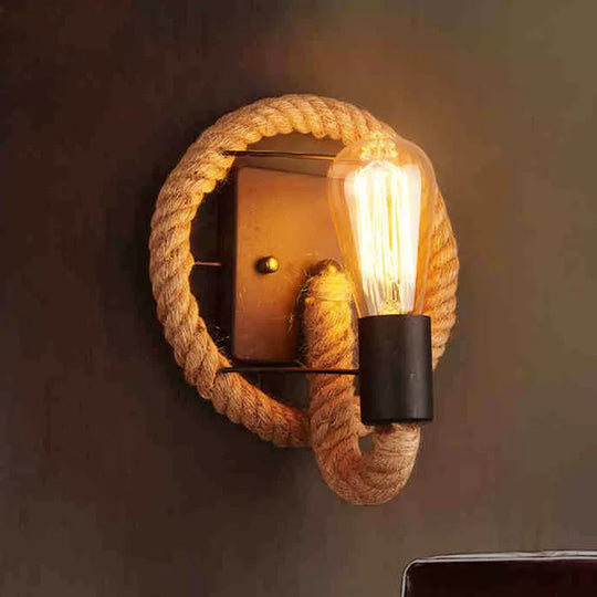 Farmhouse Brown Wall Lamp With Rope Wrap - Oval/Round Dining Room Light / Round