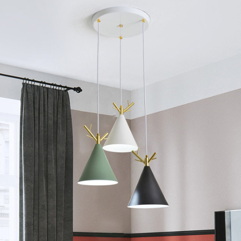 White Nordic Antler Pendant Light With 3 Metallic Conical Heads - Perfect For Dining Room