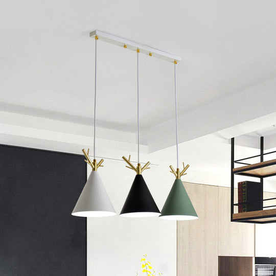 White Nordic Antler Pendant Light With 3 Metallic Conical Heads - Perfect For Dining Room / Linear