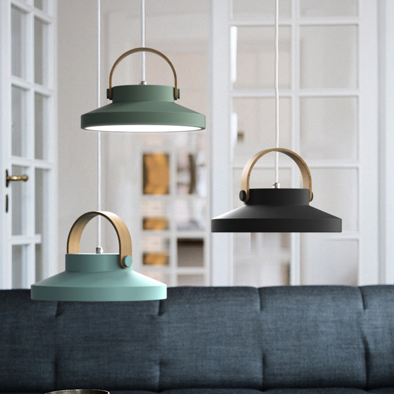 Wood-Handled Pot Lid Pendant Light In Green/Black/White - Nordic Iron Design With Led Suspension