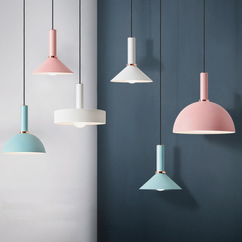 1-Light Pink/Blue Pendant Light With Aluminum Dome/Cone Drop Design Perfect For Restaurants