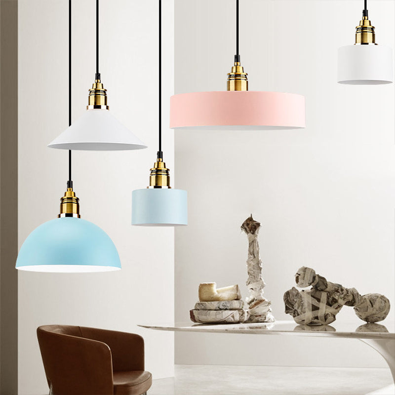 Dome/Cylinder/Cone Iron Hanging Light: Macaron Single White/Pink/Blue & Brass Ceiling Pendant For