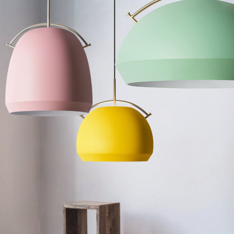 Macaron Hanging Pendant Light: Aluminum Dome/Bell Drop Lamp With Curved Handle - 1 Bulb