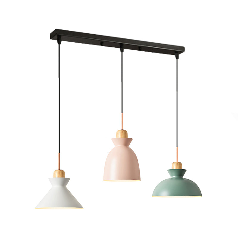 Macaron Round/Linear Metal Pendant Light With Shade - 3 Bulbs Pink/Black Hanging Lamp Fixture