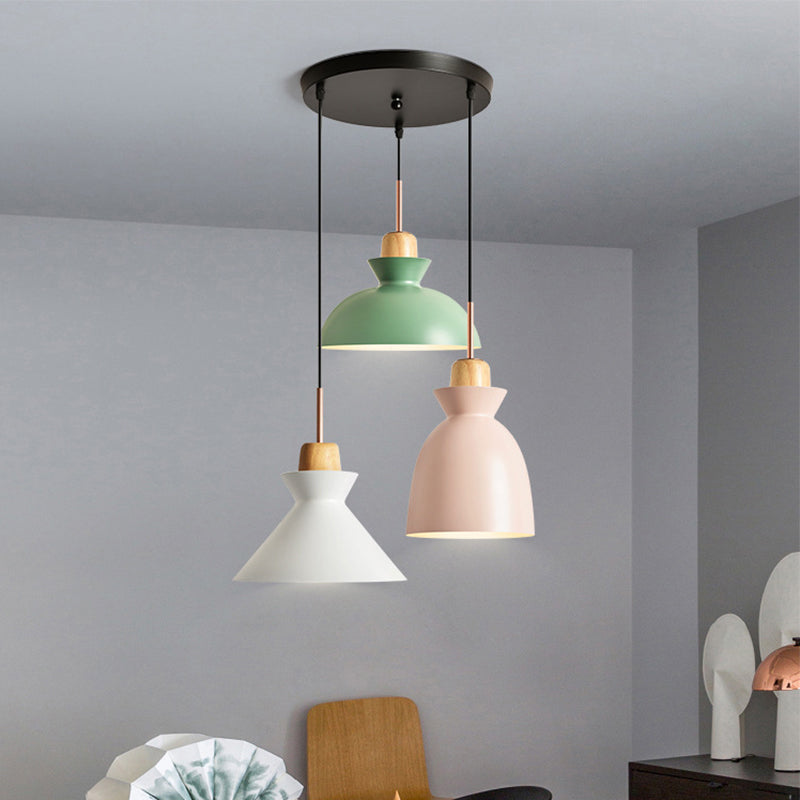 Macaron Round/Linear Metal Pendant Light With Shade - 3 Bulbs Pink/Black Hanging Lamp Fixture Pink /