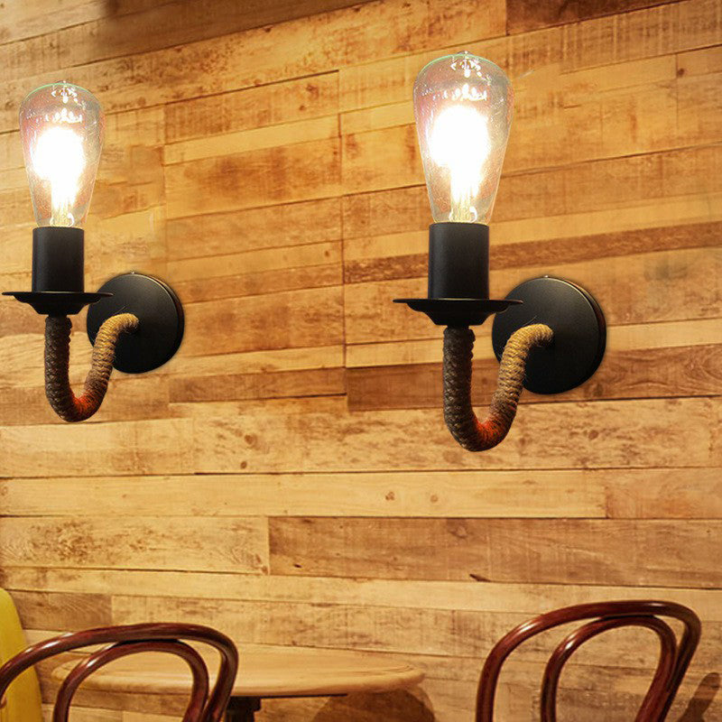 Rustic Rope-Wrapped Wall Lamp With Open Bulb Design