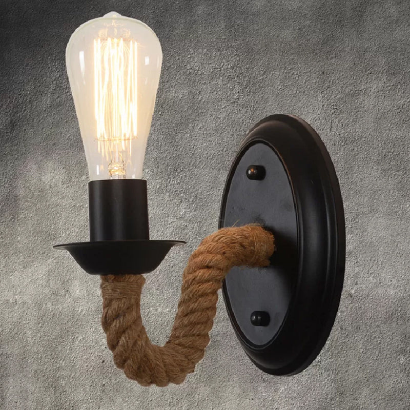 Black Wall Light With Curved Rope Arm - Lodge Metal Oval/Round Backplate And 1 Bulb / A