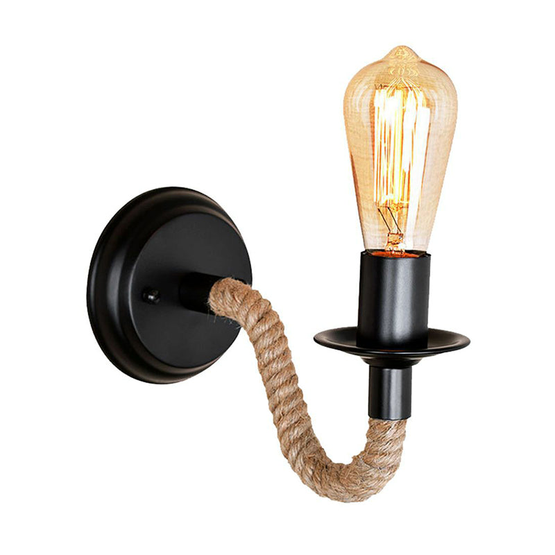 Black Wall Light With Curved Rope Arm - Lodge Metal Oval/Round Backplate And 1 Bulb / B