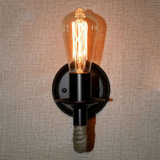 Black Wall Light With Curved Rope Arm - Lodge Metal Oval/Round Backplate And 1 Bulb