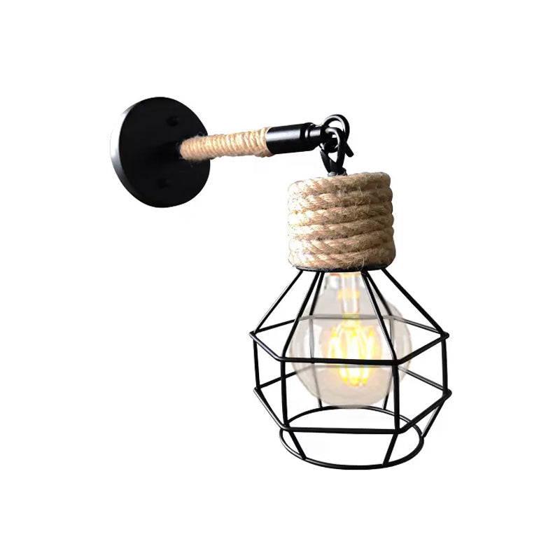 Rustic Wire Cage Adjustable Drop Pendant in Black-Brown Ceiling Hang Light with Rope Accent