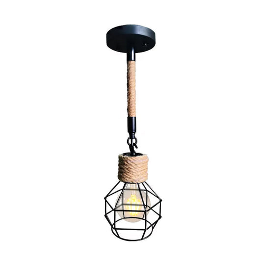 Rustic Wire Cage Adjustable Drop Pendant in Black-Brown Ceiling Hang Light with Rope Accent