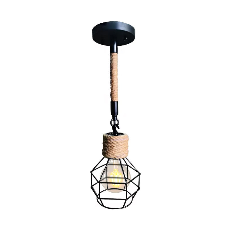 Rustic Wire Cage Adjustable Drop Pendant In Black-Brown Ceiling Hang Light With Rope Accent Lighting
