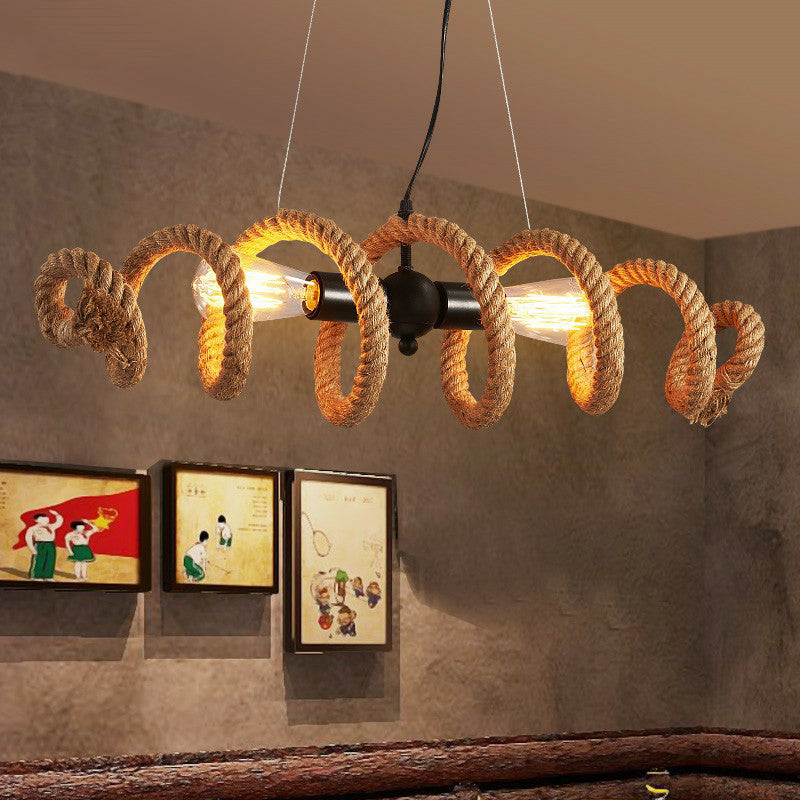 Brown Rope-Wrapped Helix Island Pendant: Farmhouse Edition - 2 Heads Ideal For Restaurants And