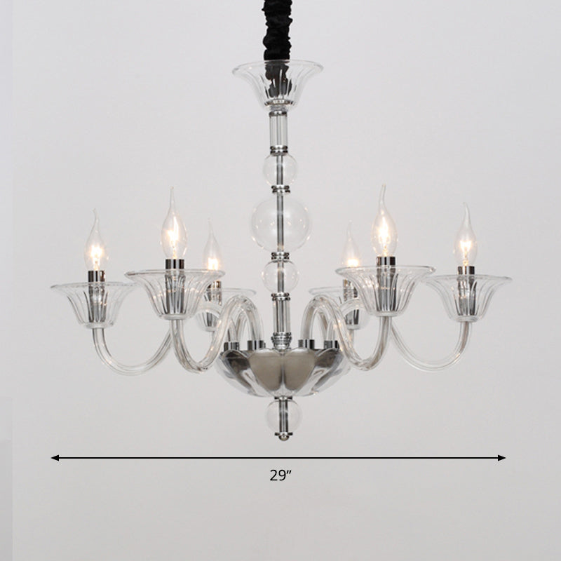 Vintage Curvy Arm Chandelier With 6 Head Clear/White/Black Glass Hanging Pendant Lamp In Chrome For