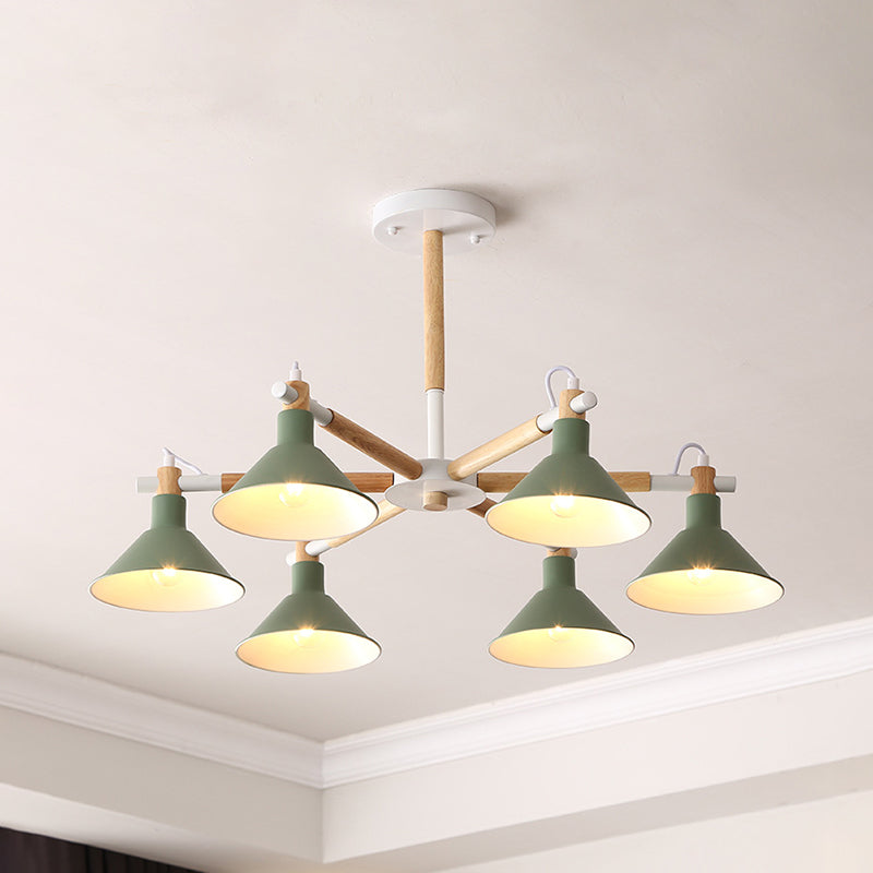 Horn Shape Hanging Pendant Chandelier With Wood And Metal Accents - 6 Bulbs Macaroon-Inspired Ideal