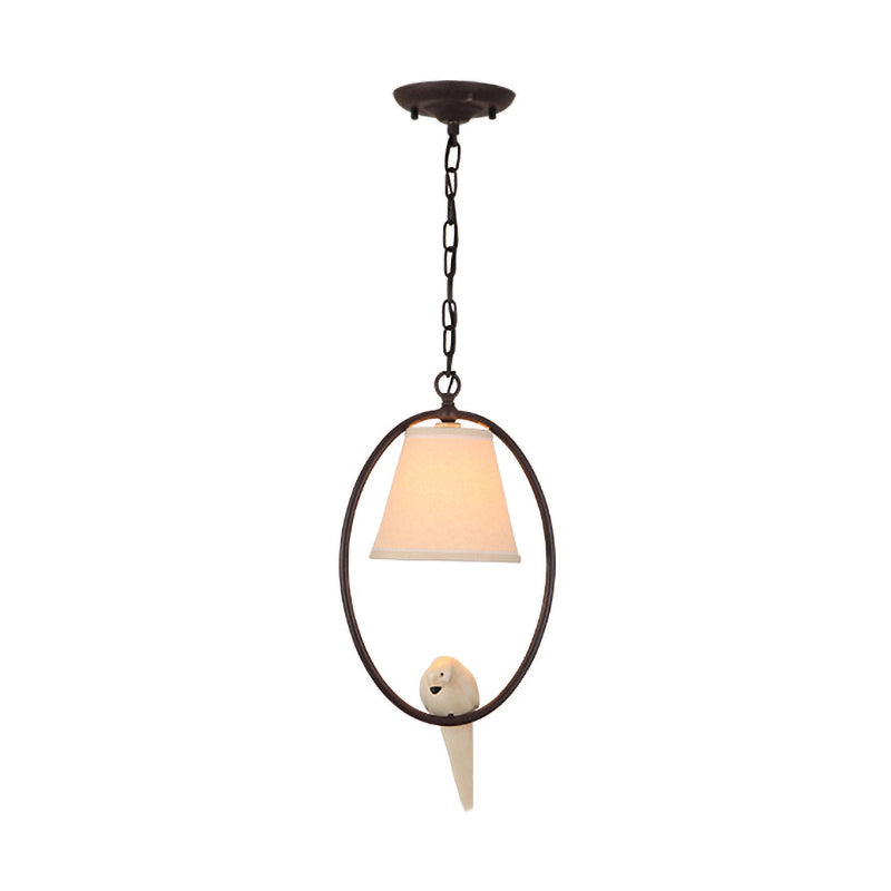 Rustic Metal Oval Hanging Light With Bird & Shade - 1 Head Pendant For Balcony In Beige
