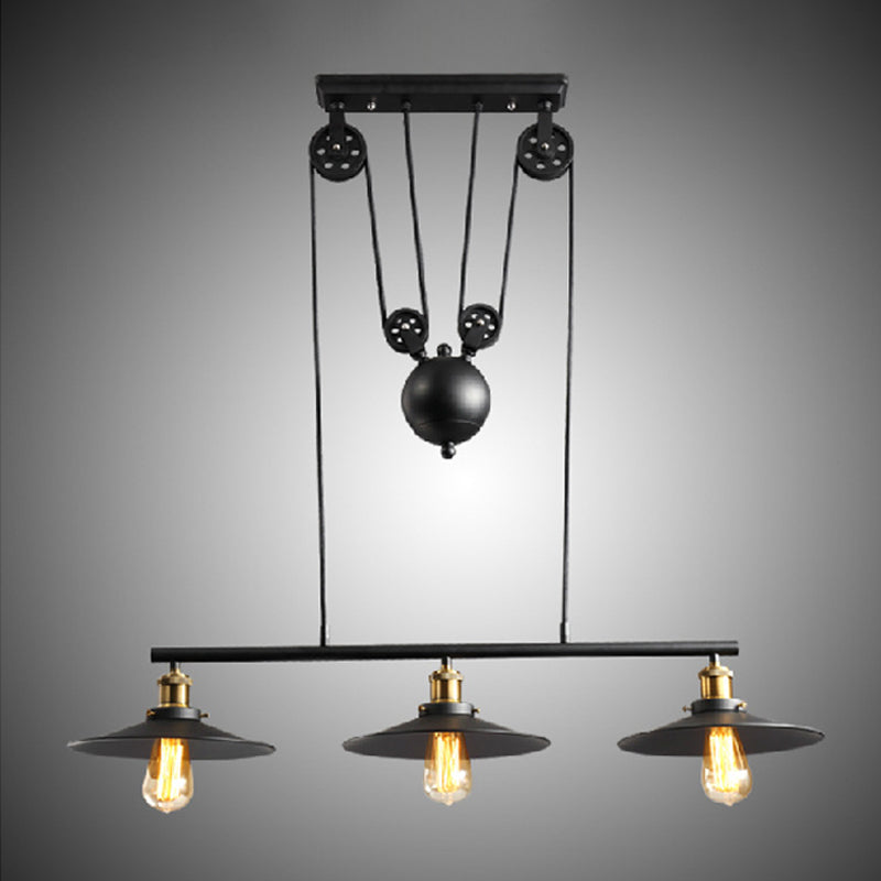 Rustic 3-Head Pendant Light With Black Flared Shade Pulley And Metallic Finish - Perfect For Your
