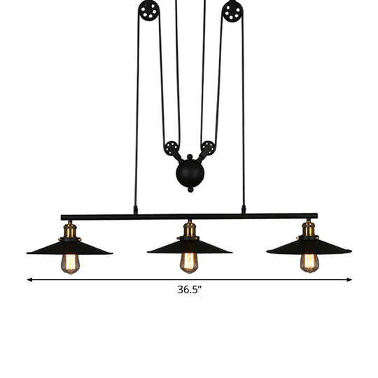 Rustic 3-Head Pendant Light With Black Flared Shade Pulley And Metallic Finish - Perfect For Your