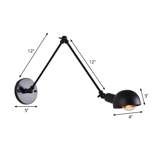 Retro Swing Arm Wall Lamp - Single-Bulb Iron Lighting With Bowl Shade Black 8+8/12+12