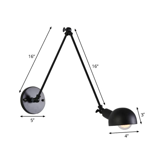 Retro Swing Arm Wall Lamp - Single-Bulb Iron Lighting With Bowl Shade Black 8+8/12+12