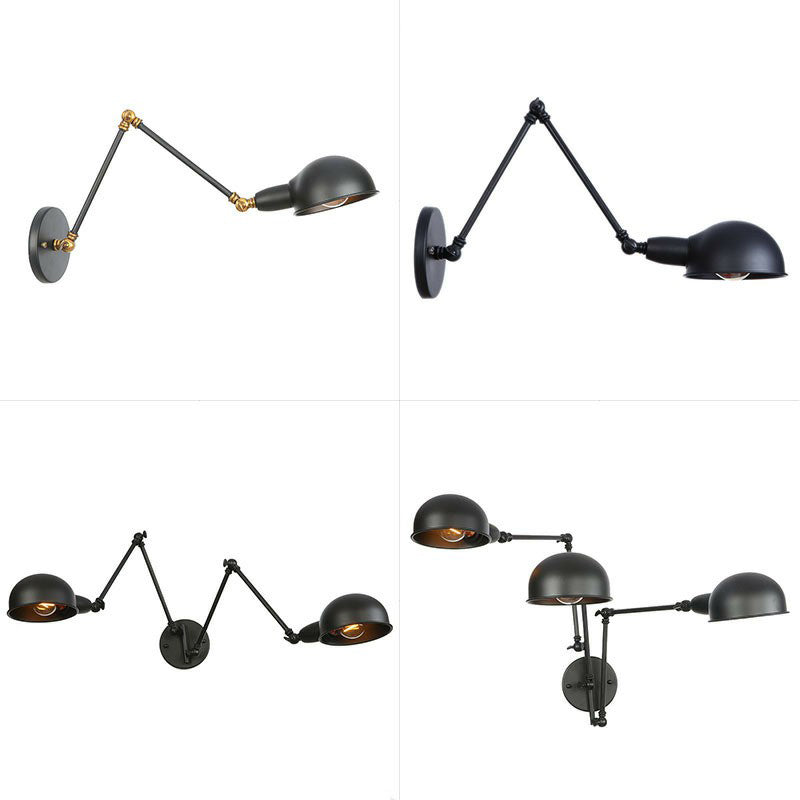 Industrial Wall Lamp Kit With Swing Arm And Dome Shade - Single-Bulb Iron Mount Fixture In Black